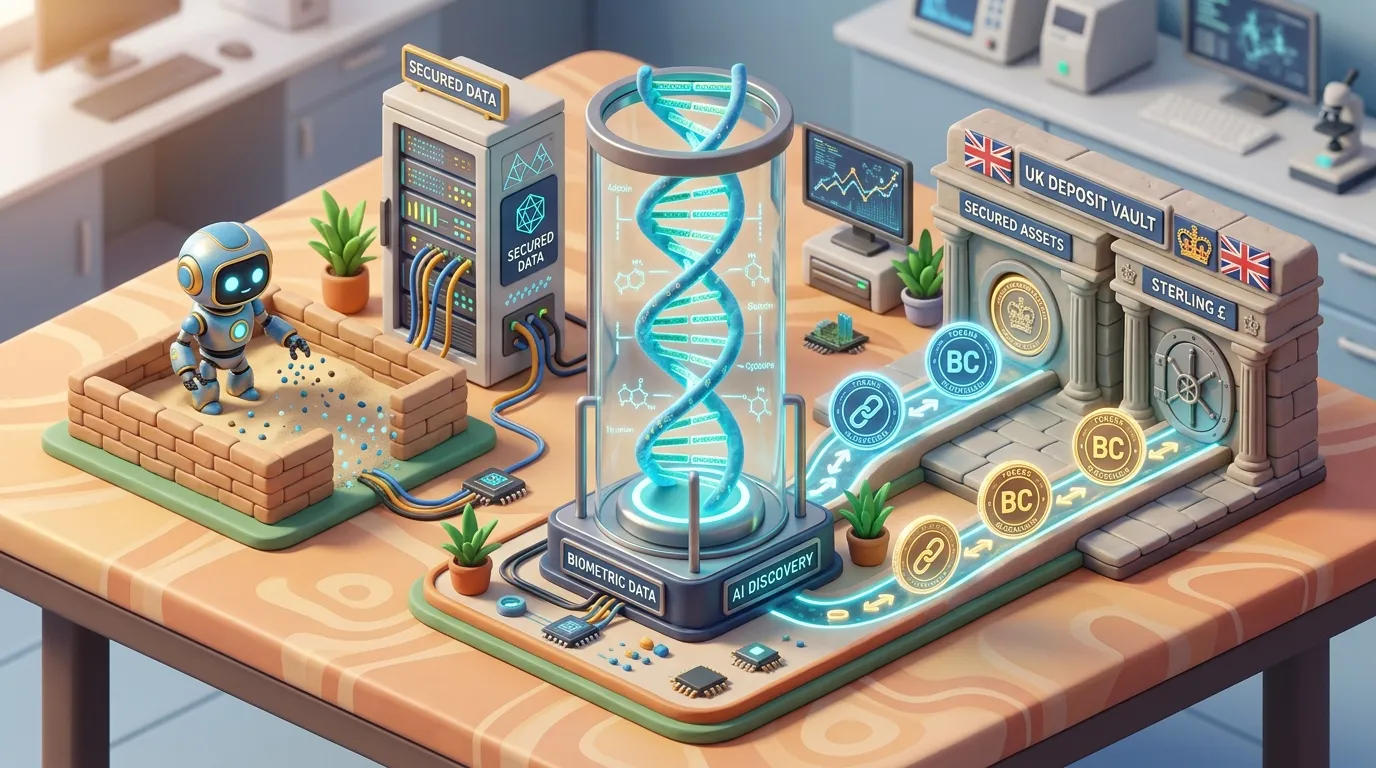 모래사장 샌드박스 안의 작은 AI 로봇, 푸른 빛을 내는 DNA 효소 원통, 영국 은행의 토큰화 예금 금고와 데이터센터를 입체적으로 표현한 3D 미니어처