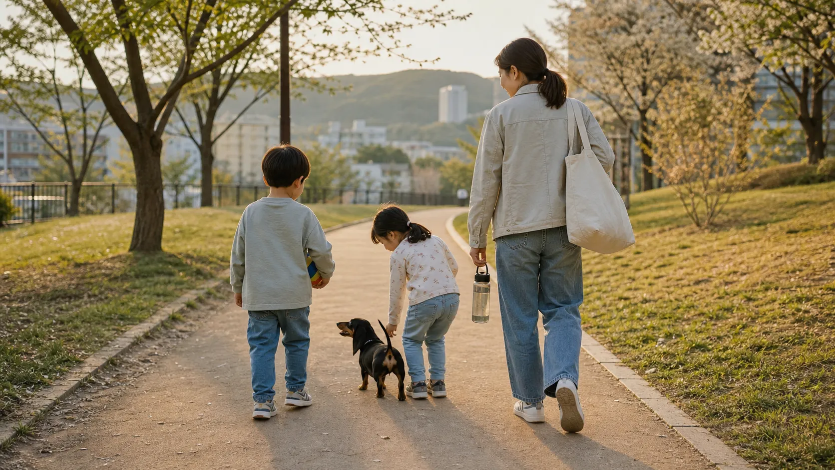 늦은 오후 동네 공원에서 보호자와 두 아이가 반려견 코코와 함께 산책하는 뒷모습