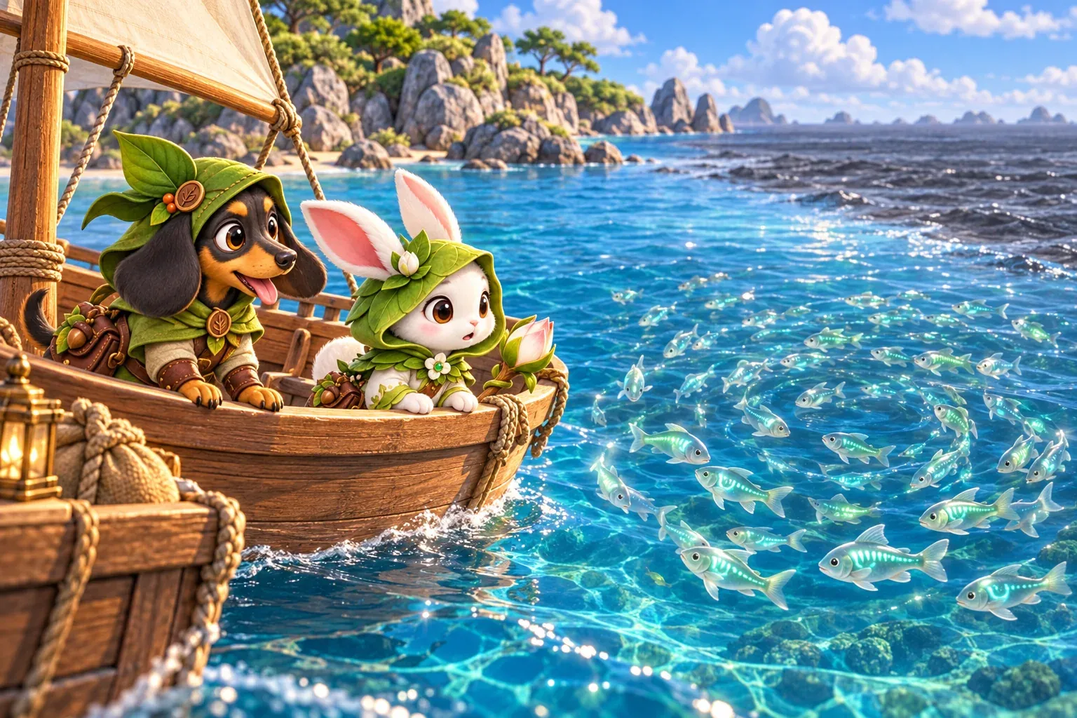 작은 배의 코코와 미미가 낯선 빛의 무늬를 띤 물고기 떼를 바라보는 모습